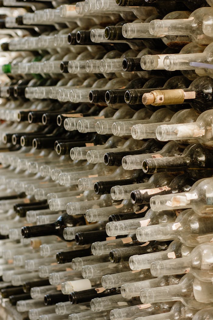 services-01 Rows of empty wine bottles stacked horizontally in a dimly lit cellar.